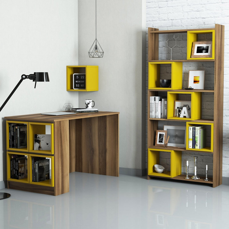 Jardine 170cm H x 80cm W Cube Bookcase, Walnut, Yellow
