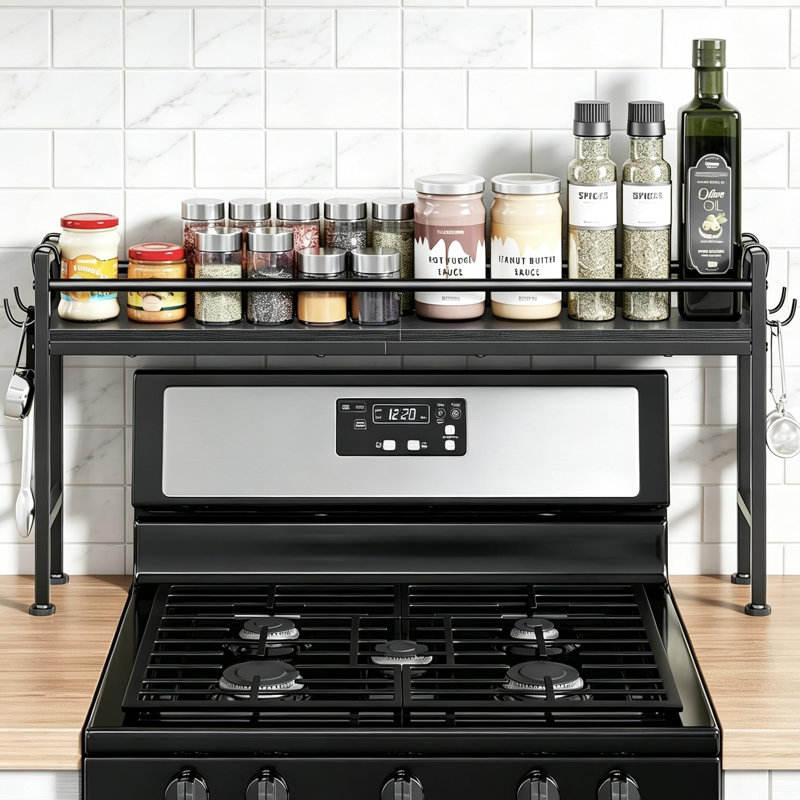 Simple Trending 32.4" Wide Over the Stove Spice Rack with 4 Hooks, Black