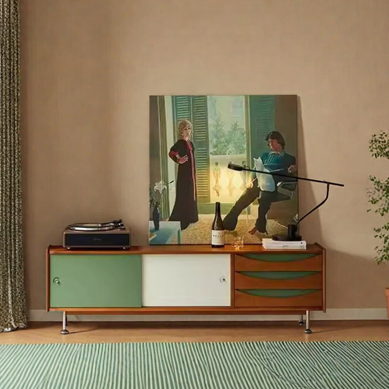 Meuble télé rétro en bois massif de couleur contrastante, H 21,65 po x L 70,86 po x l 15,55 po