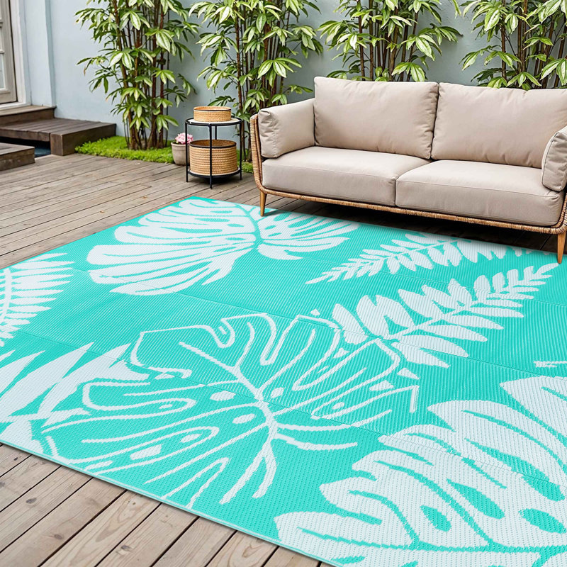 Ellie Reversible Leaf Outdoor Rug, Rectangle 9' x 12', Blue