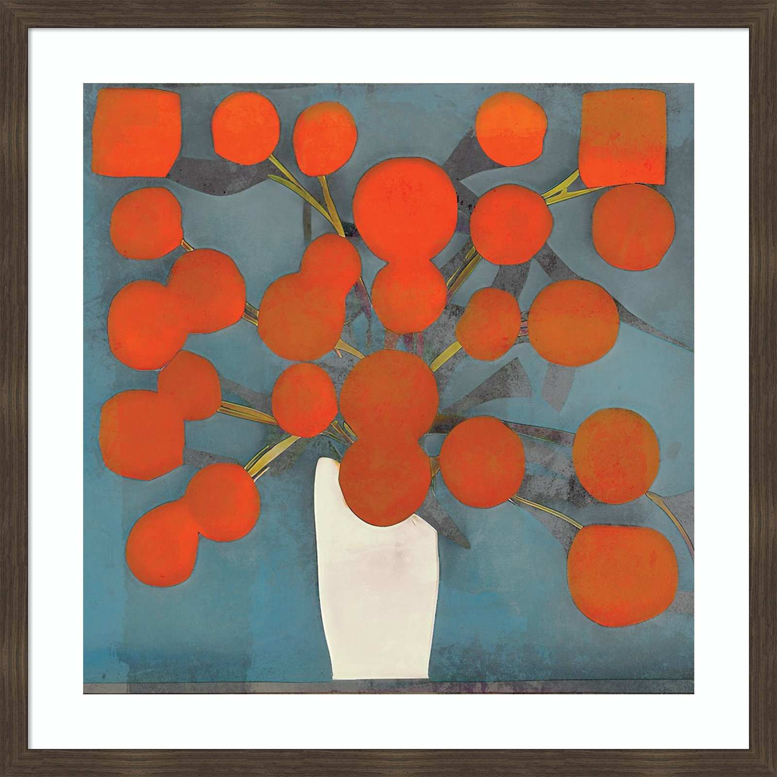 Abstract Orange Flowers by Elena Ray Wood Framed Wall Art Print, Dark Brown, 34" H x 34" W