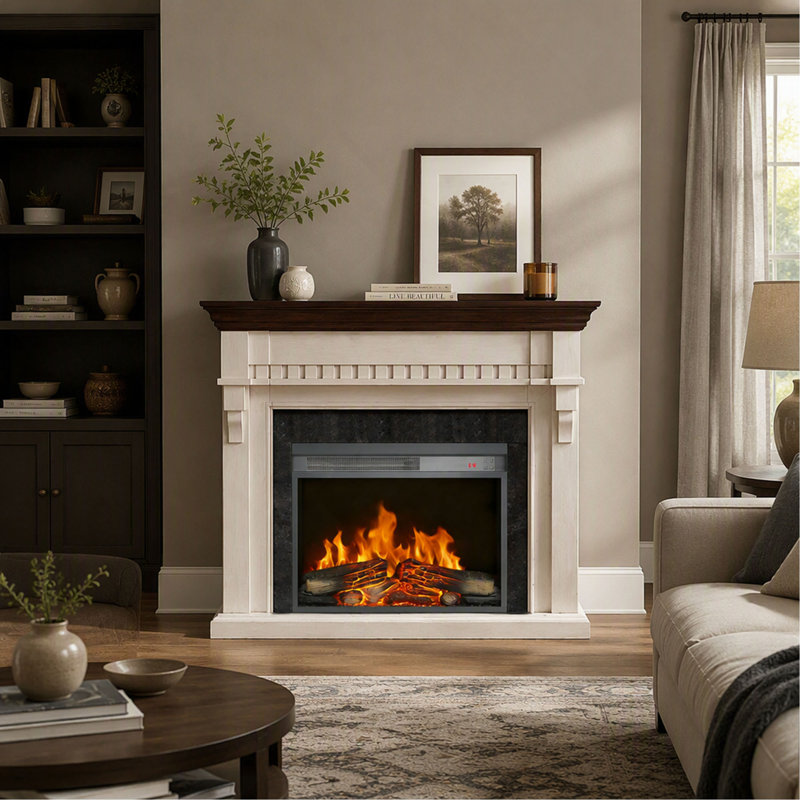 23 Inch Electric Fireplace Insert, Ultra Thin Heater with Log Set and Realistic Flame, Remote Control with Timer and Overheating Protection