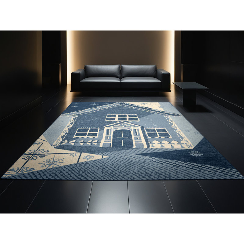 Machine Washable Tomohon Christmas Gingerbread House Modern Block Print Rug in Gray – Navy Binding, 5x8