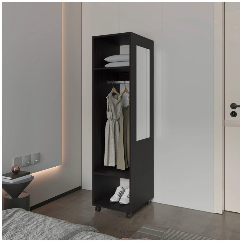 Armoire noire à 3 tablettes avec miroir et rangement ouvert, Noir