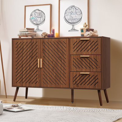 Storage Cabinet With 3 Drawers & Double Doors, Kitchen Buffet Sideboard Cabinet,Wood Storage Organizer For Kitchen, Living Room, Dining Room, Brown by George Oliver