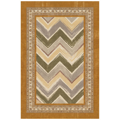 Trellis2 Modern Brushstroke Striped Gold Green Gray Non-Slip Low Pile Indoor Outdoor Pet Friendly Living Room Bedroom Dining Room Entryway Hallway Office Washable Rug