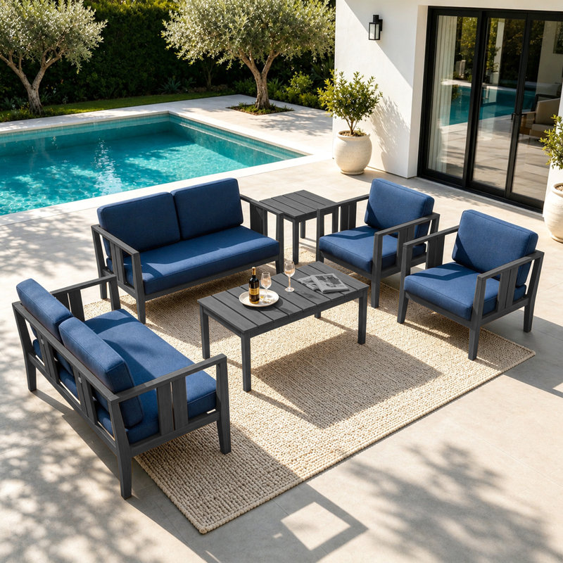 Junco Teak Outdoor Six-person Patio Set With Cushions And Two Tables, Navy, Black