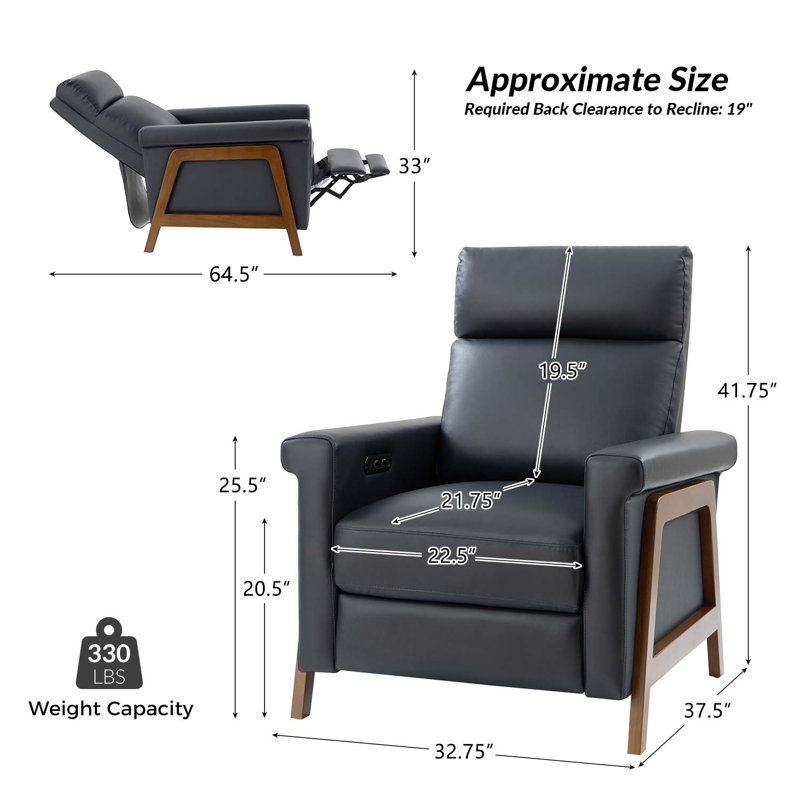 Aryaman 28.75" Wide Genuine Leather Power Recliner with USB Ports, Navy