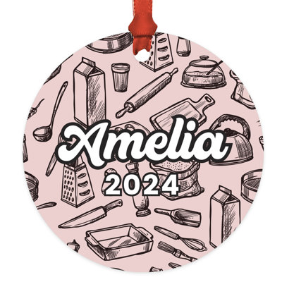 Custom Baking Ornament Pink Baking Essentials Metal Christmas Tree Decoration, Gift For Baker, Mom, Or Grandma