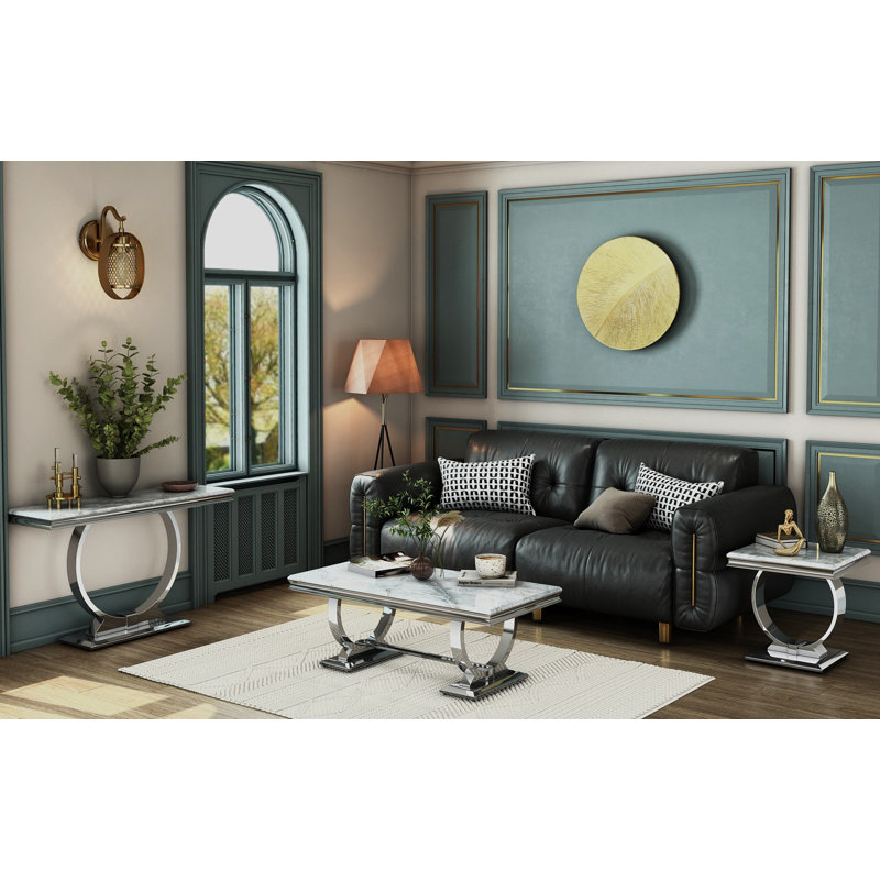 3 Piece Coffee Table Set With Console Table And End Tables With Mirrored Silver U-Base
