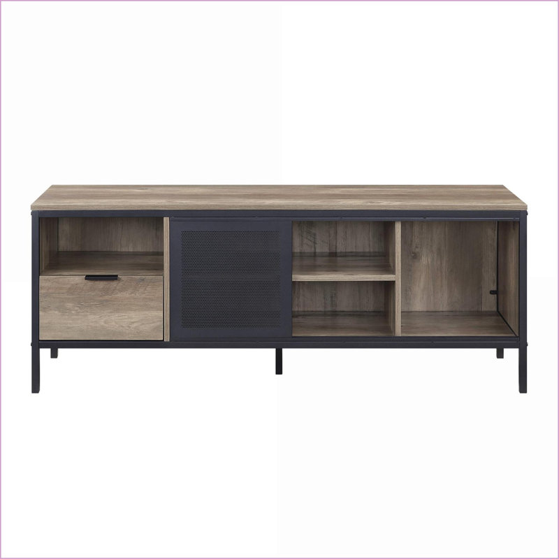 Meuble télé en chêne rustique Bois noir + métal avec 1 tiroir | Convient aux téléviseurs de 50 pouces | Rustique | Bois et métal