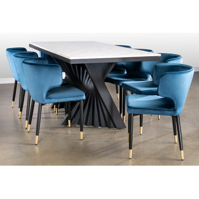 Waterfall Black Rectangle 9-Piece Dining Set with White Marble Top and 8 Blue Velvet Chairs – Modern Sculptural Dining Table with Gold Detail Accents