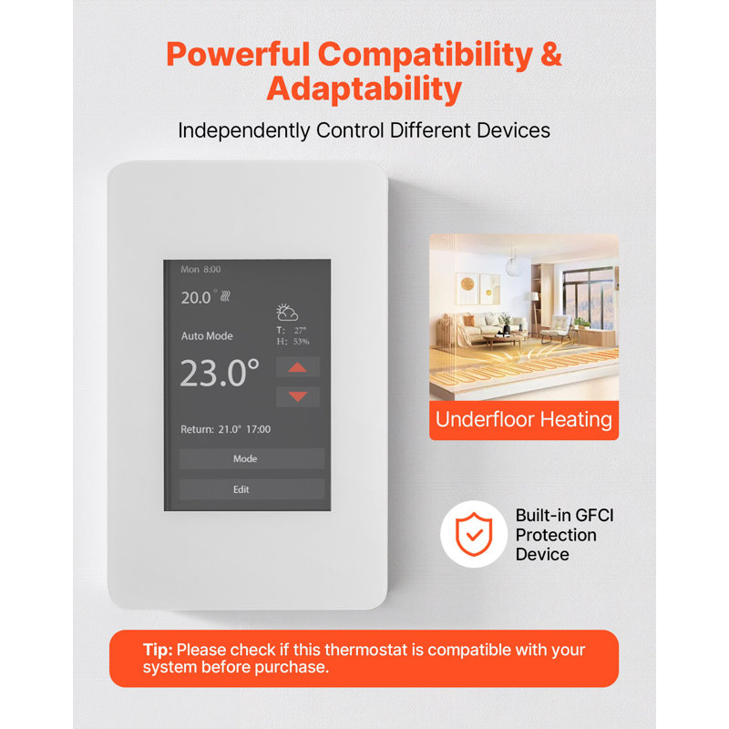 7-Day Programmable Thermostat, Home Thermostats For Radiant Underfloor Heating Cable,Heat Pump With GFCI And Sensitive Sensor,TFT Colour Display Touchscreen,Efficient,Grey-White (Without Wifi)