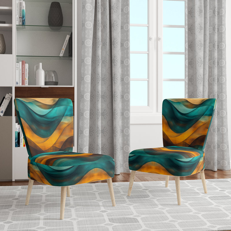 Chaise d'appoint abstraite rembourrée Waves of Turquoise et Brown I, Side Chair Armless