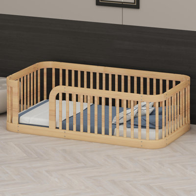 Modern Wood Floor Bed Frame with Protective Fence Design
