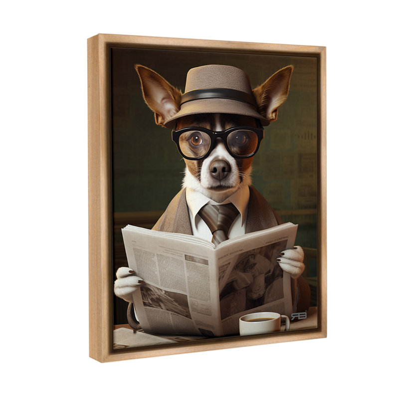 "Classy Dog With News journal" par RB sur toile, Cadre flottant orme Montalcino, H 31 po x l 25 po