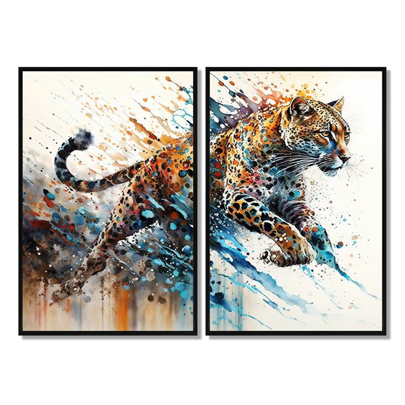 Guépard - léopard / art mural grand guépard 2 pièces, Impression encadrée flottante, 36'' H x 48'' W, Black