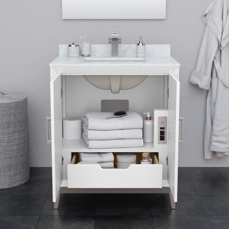 Marlena 30" White and Satin Bronze Freestanding Bathroom Vanity