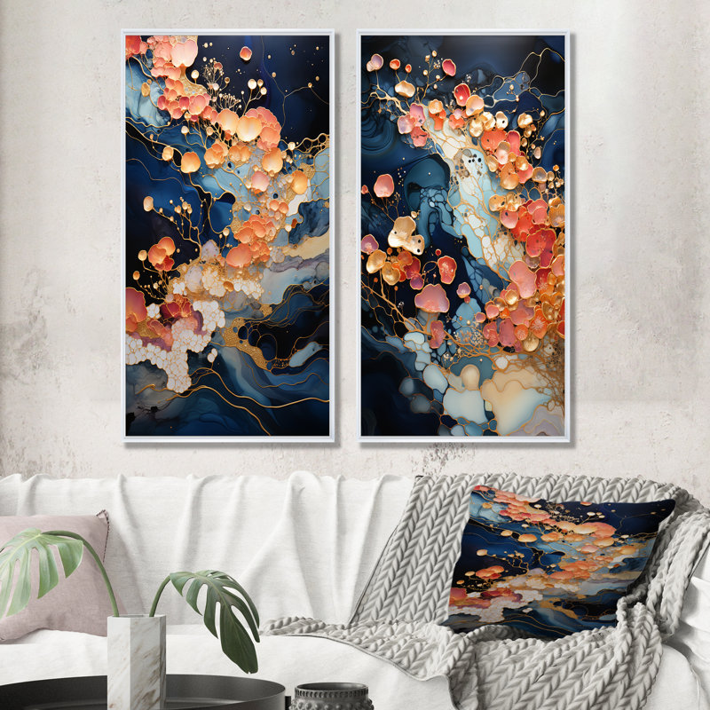 Rose et bleu tourbillonnant, peinture fluide I - ensemble de 2 reproductions d'art sur toile, Cadre flottant blanc