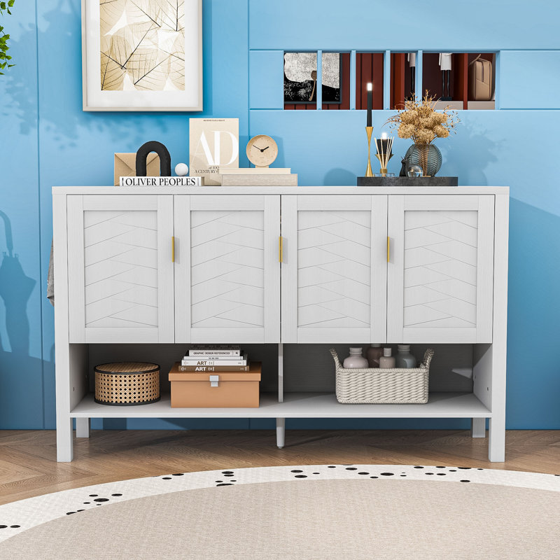 Buffet moderne à quatre portes avec tablettes réglables, rangement ouvert et portes géométriques, Blanc
