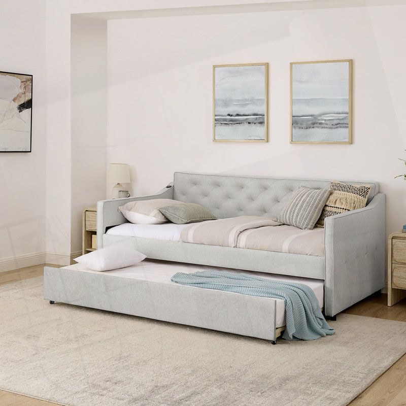 Mid-Century Button Tufted Daybed with Pull-Out Trundle, Twin, Beige