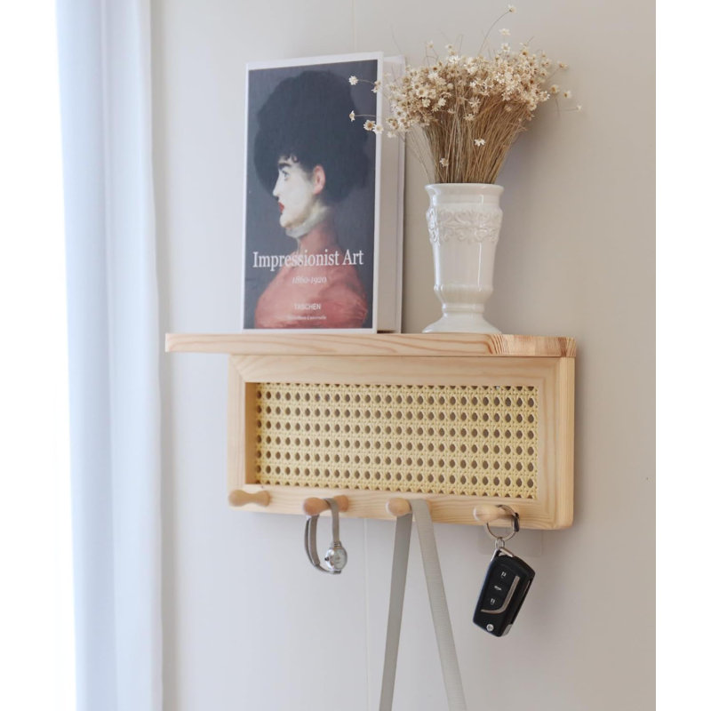 Rattan Key Holder With 4 Key Hooks,Wall Mounted Decorative Floating Shelf For Entryway,Nursery,Mudroom, Hallway, Office