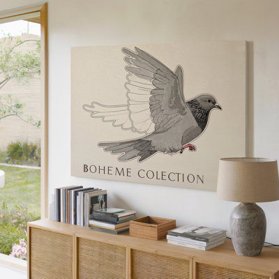 Toile murale Boh Me Dove, art mural minimaliste d'une colombe en plein vol prête à accrocher
