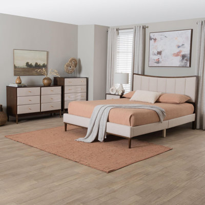 Allenport Baxton Studio Nikolai Mid-Century Channel Tufted Beige Fabric And Wenge Brown Wood 4-Piece Queen Bedroom Set