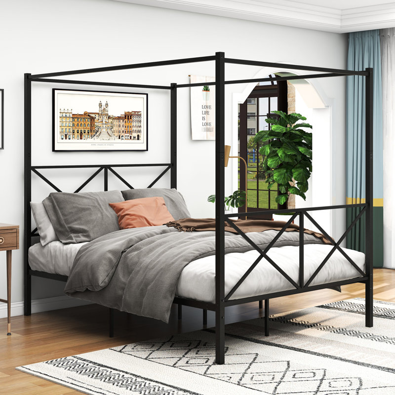 Structure de lit plateforme en métal pour grand lit, touche ornementale, construction, noir, s'adapte facilement à toutes les grandes reines standard, solide et stable, matelas à bruit