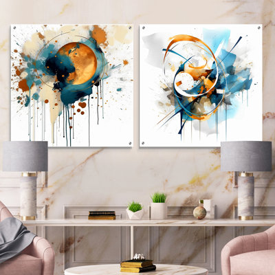 Dark Blue & Gold Abstract Circle Texture V - Abstract Geometric Acrylic Wall Art Glass Set Of 2