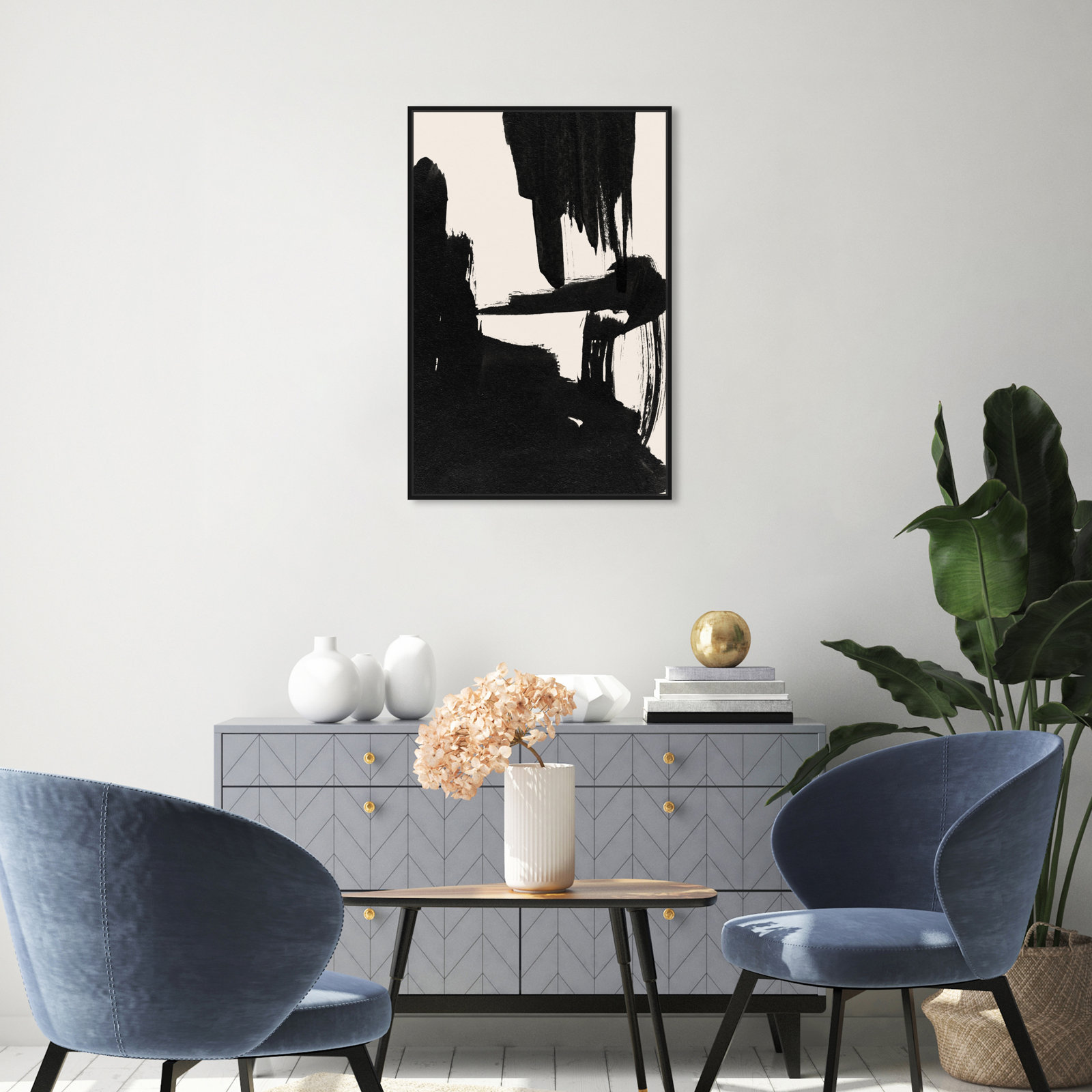 Abstract Black and White Brush Stroke Print, Black, 31" H x 21" W