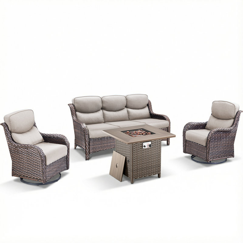Anner 4-Piece Wicker Rattan Patio Conversation Set With Square Fire Pit Table And Swivel Gliders, Beige, Brown