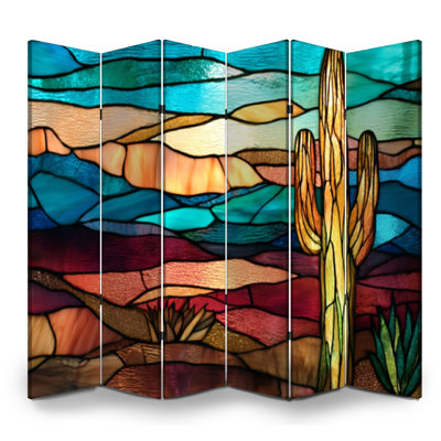 6 Panels Folding Screen Room Divider Royal Multi Dimensional Stained Glass Western Desert Scene Canvas Screen Room Separator Freestanding Protective Wall Divider Privacy Partition