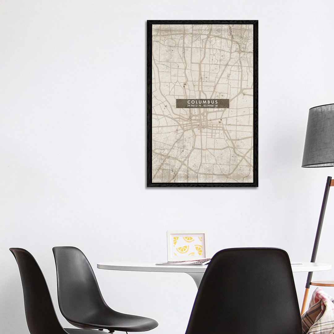 Columbus Stadtplan Abstrakter Stil von WallDecorAddict - Galerie-umwickelte Leinwand Giclée auf Leinwand