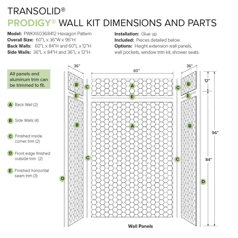 Transolid Prodigy 60-in x 36-in x 96-in Shower Wall Kit with Extension, White 3D Hexagon