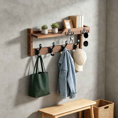Portemanteau mural avec tablette, crochets de hall d'entrée en bois avec crochets à clés et porte-courrier, tablette de rangement flottante avec crochets robustes, porte-chapeaux et organisateur pour vestibule, couloir, vestibule