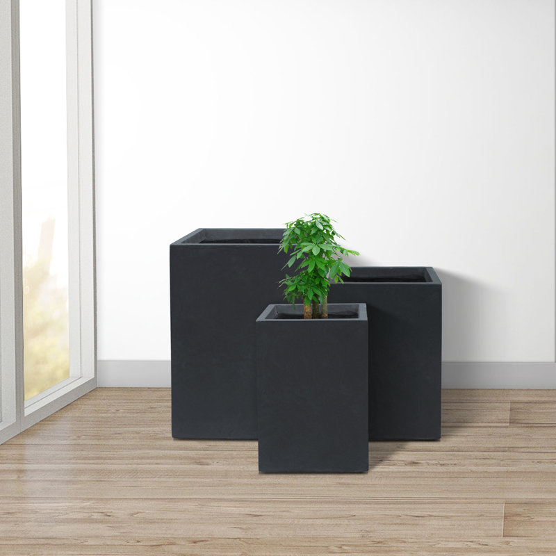 Charcoal Finish Concrete Tall Square Planter Set, 19", 16" and 13"H