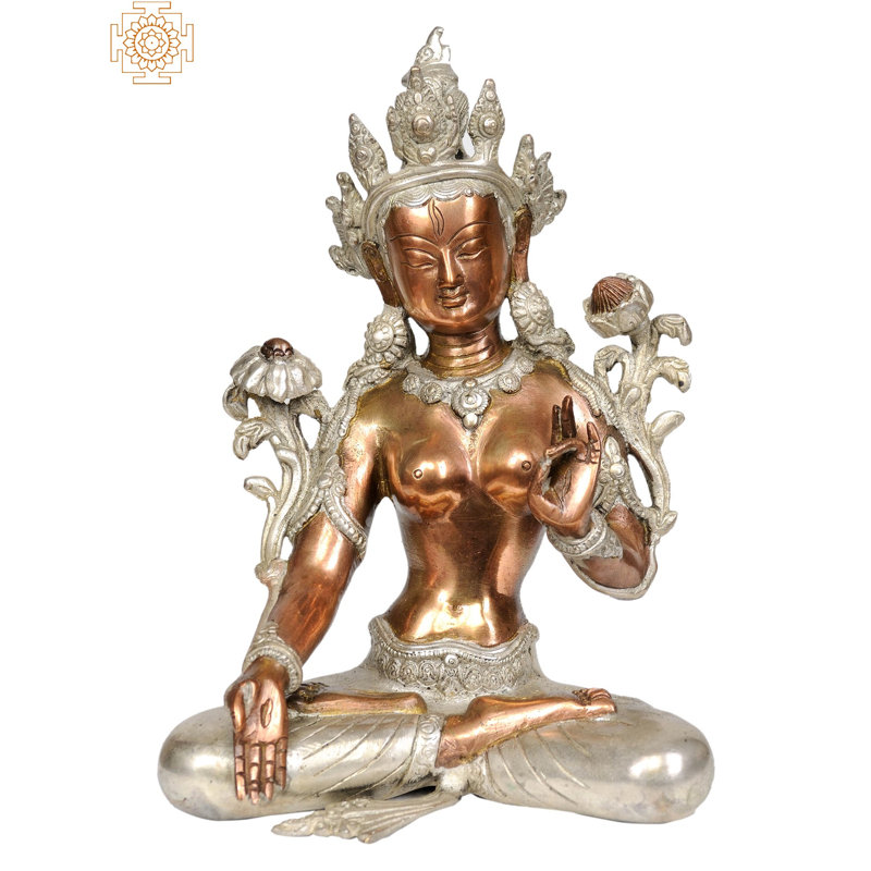 Figurine bouddhiste tibétaine Tara, ses mains dans Varada Mudra, Cuivre / argent