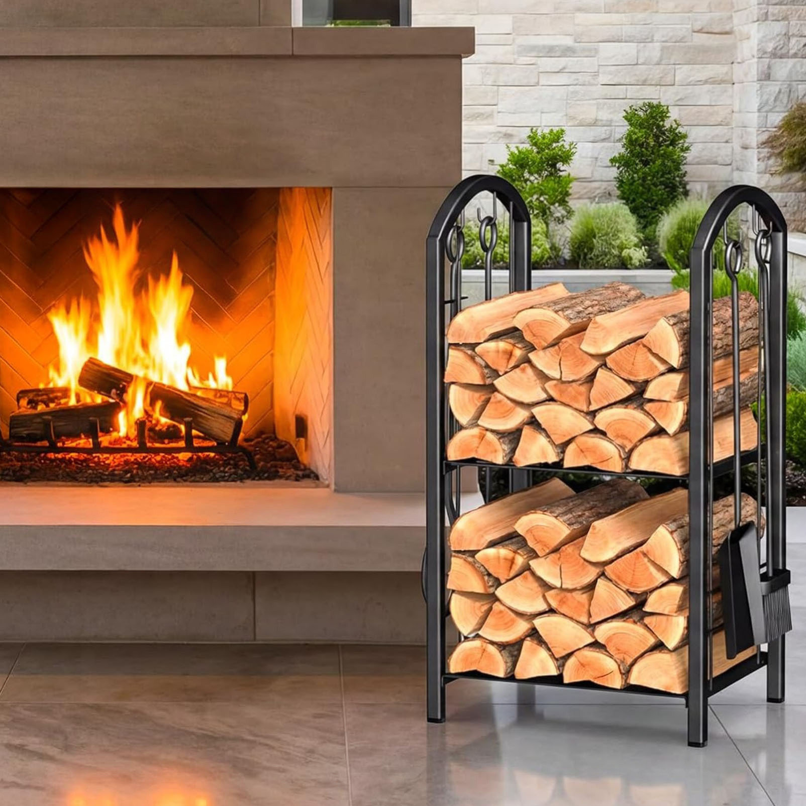 Tier Log Rack Metro Lane Log Store with Fireplace Tools, 2 Tier Metal Firewood Rack ...