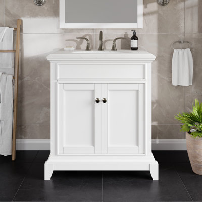 Maina 30 po Meuble-lavabo simple blanc avec comptoir en quartz Carrara et lavabo en porcelaine encastré