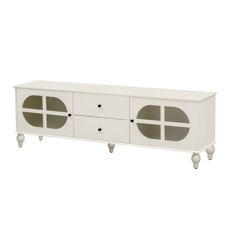 TV Stand with Fluted Glass Doors, 2 Drawers, 2 Cabinets and Wood Legs, Antique White