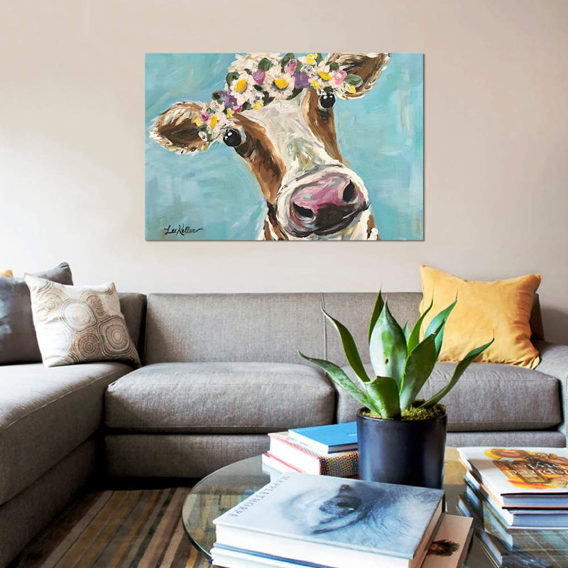 «Cow With Flower Crown On Turquoise» par Hippie Hound Studios, impression sur toile tendue, H 12 po x l 18 po x P 1,5 po