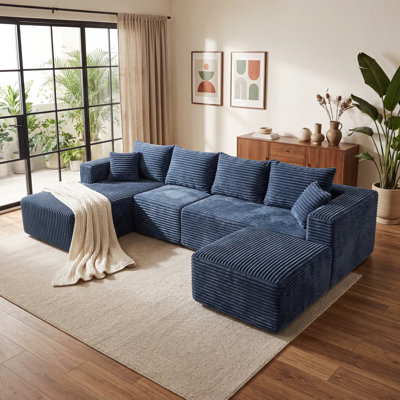 Compression U-Shaped Sectional Sofa, Modular Couch with Flannel Fabric, Pocket Spring Support, Removable Covers, Non-Slip Bottom, No Assembly Required, for Living Room, Blue