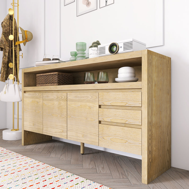 3-Door Sideboard With 3 Drawers - Modern Solid Ash Veneer MDF Sideboard, Natural