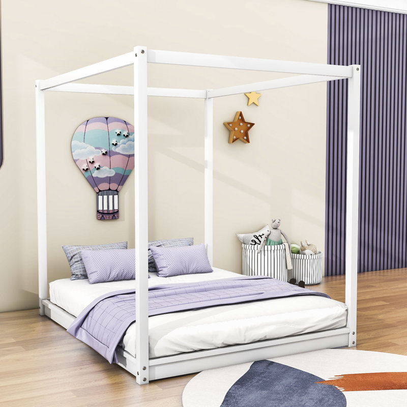 Sirard Wood Platform Bed with Slats, White, Queen