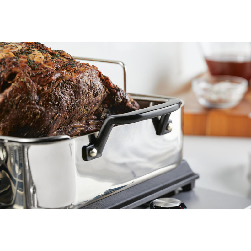 Polished Stainless Steel Non-Stick Roasting Pan with Rack and Handles