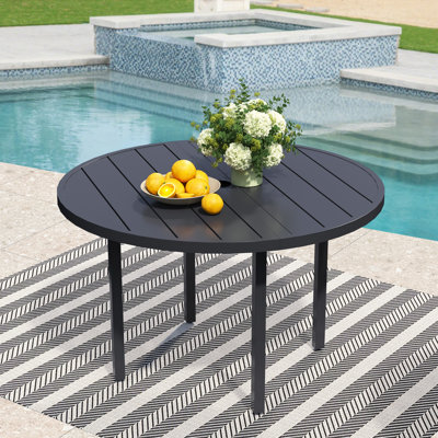 Metal Outdoor Table, Round Table for 6 with Umbrella Hole, Patio Table with Modern Minimalist Design