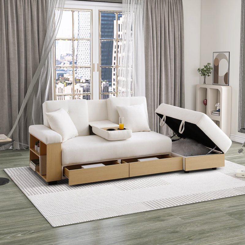Canapé-lit convertible avec rangement spacieux, Mélange de coton beige