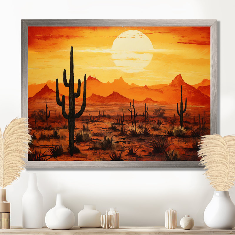 Cactus Sunrise Silhouettes - Cactus, art mural, H 12 po x l 20 po x P 1 po, Cadre simple argenté
