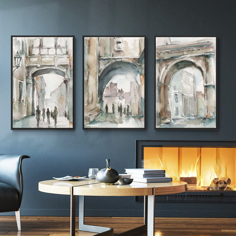 Watercolor Archures I, ensemble de 3 pièces encadrées sur toile, Noir, H 40 po x l 78 po